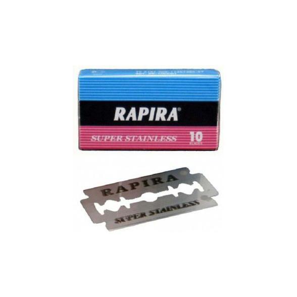 Pack of 10 Rapira Classic Super Stainless Double Edge Razor Blades by Pasteur Pharmacy, suitable for safety razors and shaving.