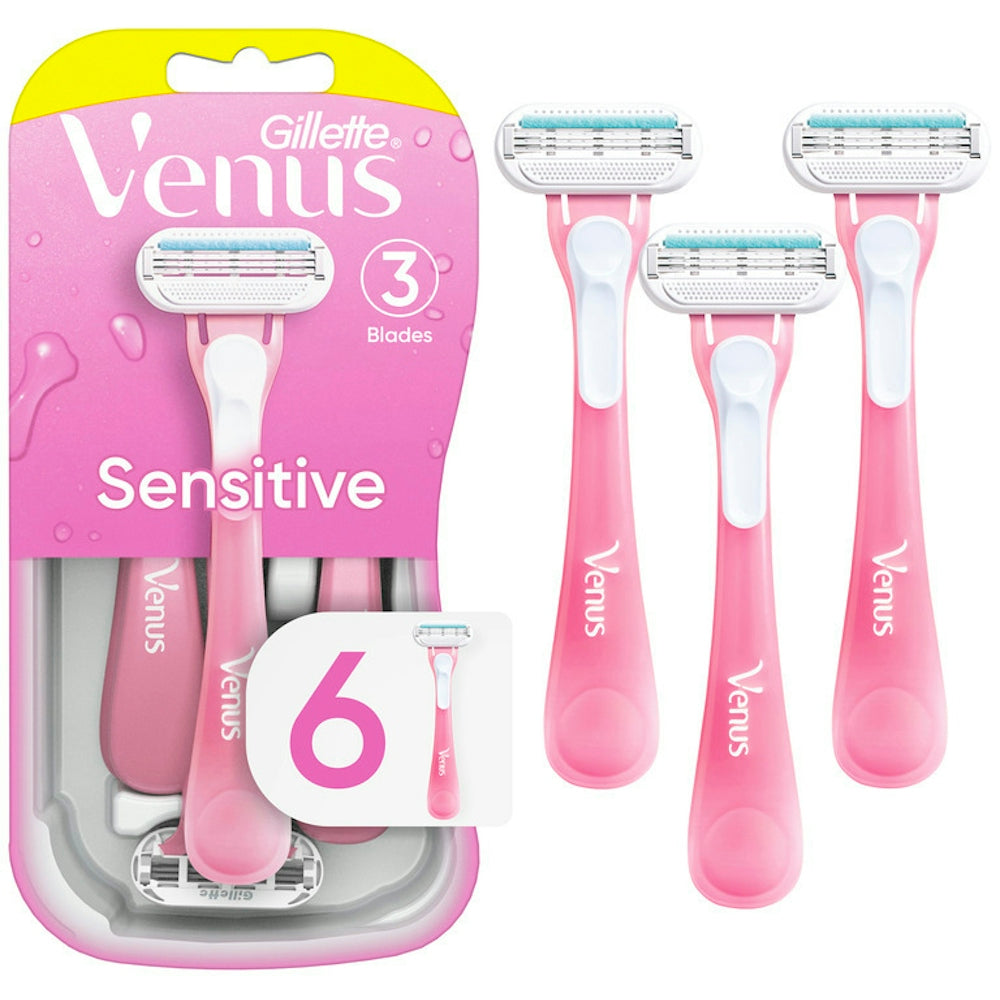 Venus Gillette Disposable Razors Sensitive 6-pack, razor blades with smooth handle and protective cover for gentle shaving.