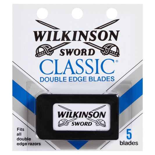 Wilkinson Sword Classic Double Edge Razor Blades, set of 5 blades, for traditional safety razors, displayed on a white background.