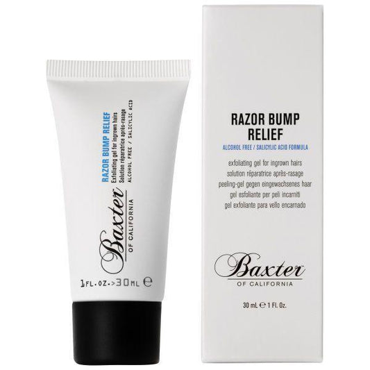 Baxter of California Razor Bump Relief 1oz tube, skincare product for razor bumps and irritation, displayed on a white background.