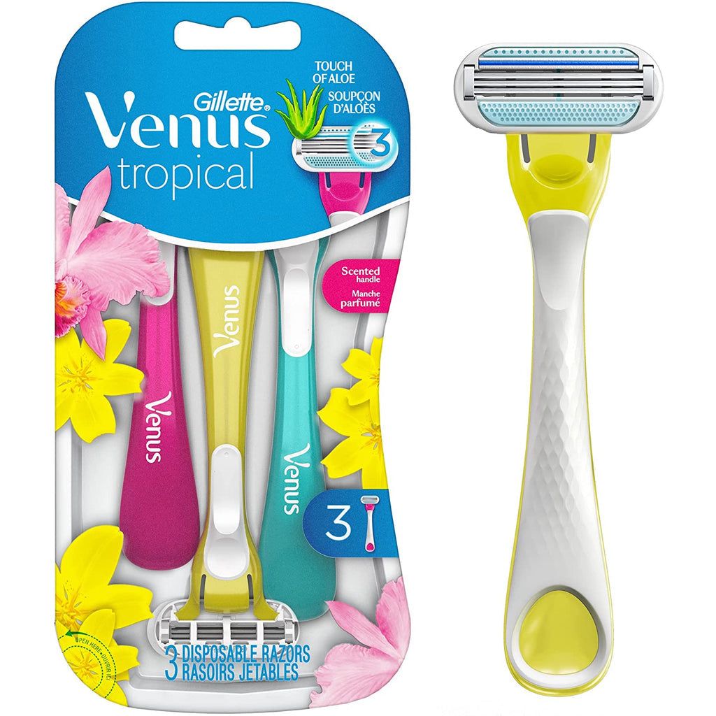 Gillette Venus Tropical women's disposable razor pack with three razors featuring colorful handle designs and smooth shave blades.