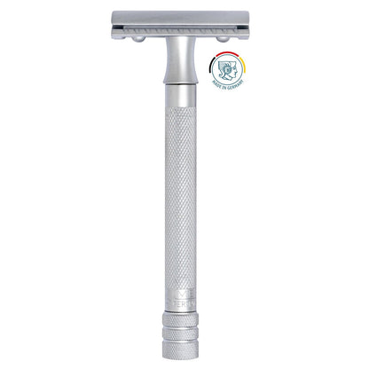 Merkur 22C matte finish HD long handle safety razor with double-edge blade for a close, comfortable shave.