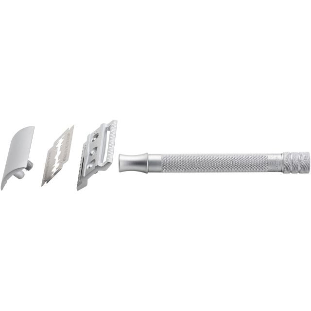 Merkur 22C matte finish HD long handle double edge safety razor with textured grip and sleek design.