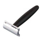 Merkur double edge razor with chrome finish and long black handle, designed for a close shave.