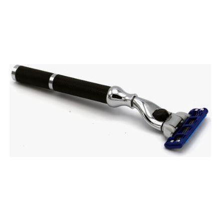 Black Parker 42R Mach3 Razor with sleek handle and safety blade, designed for a smooth shaving experience.