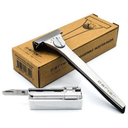 Parker Adjustable Injector Razor by Pasteur Pharmacy with a classic metal handle and adjustable blade settings.