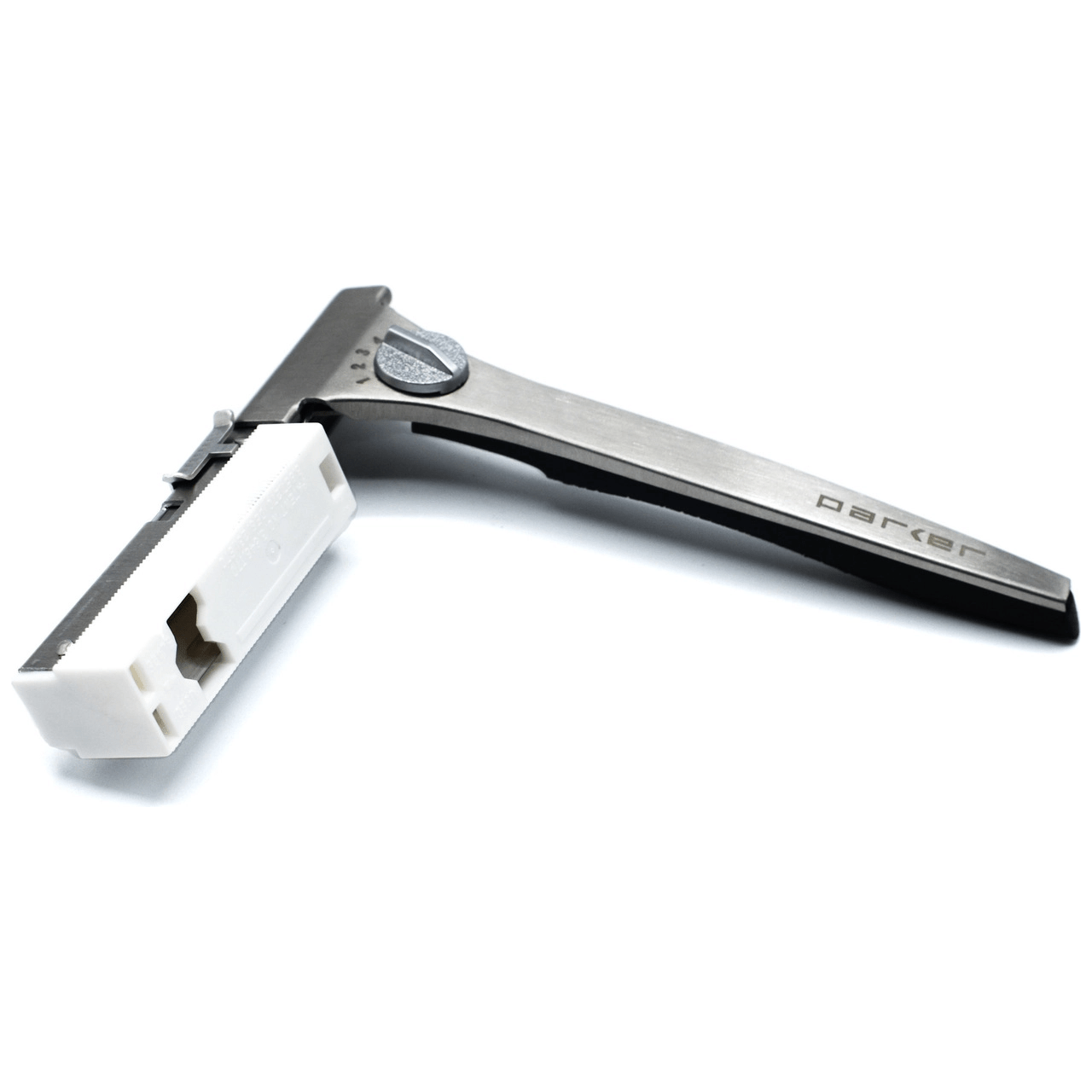 Parker Adjustable Injector Razor with metal handle and adjustable settings, designed for precise shaving.