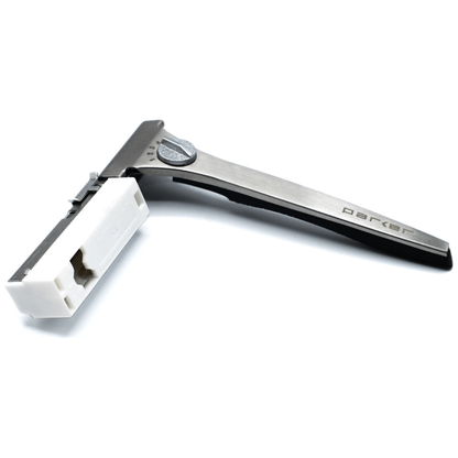 Parker Adjustable Injector Razor with metal handle and adjustable settings, designed for precise shaving.