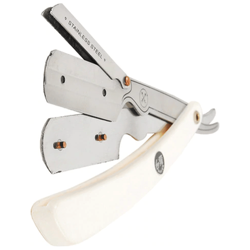 Parker SRW 34R straight razor with white resin handle, featuring a sleek, professional barber-style shaving tool.