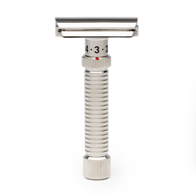 Rex Supply Co. Ambassador polished stainless steel adjustable safety razor, DE style with textured handle and polished finish.