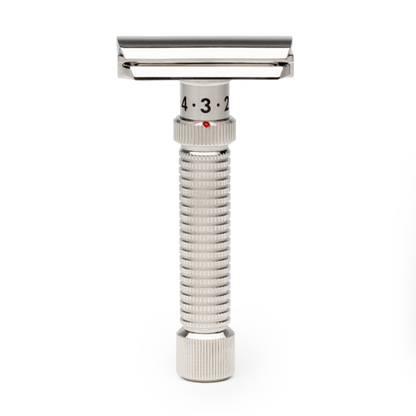 Rex Supply Co. Ambassador polished stainless steel adjustable safety razor, DE style with textured handle and polished finish.