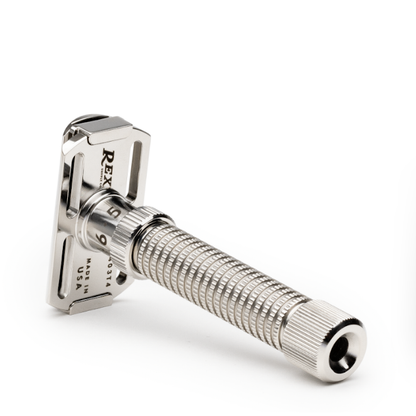 Polished stainless steel Rex Supply Co. Ambassador adjustable DE safety razor with handle, designed for a close shave.