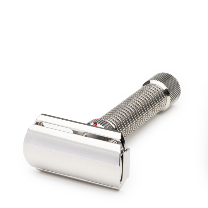 Polished stainless steel Rex Supply Co. Ambassador adjustable safety razor with textured handle for precise shaving.
