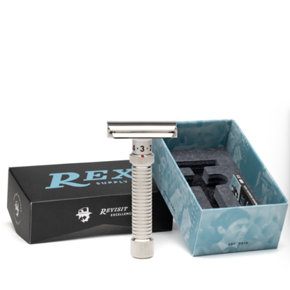 Rex Supply Co. Ambassador polished stainless steel adjustable safety razor, DE style, with handle and adjustable head for shaving.