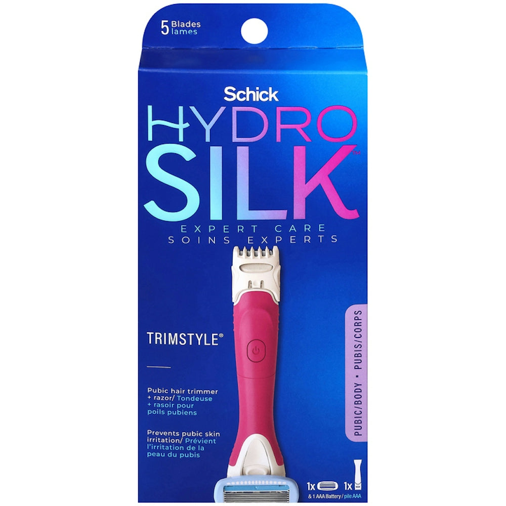Schick Hydro Silk Trim Style Razor and Bikini Trimmer Kit with pink handle and trimming attachments for grooming.