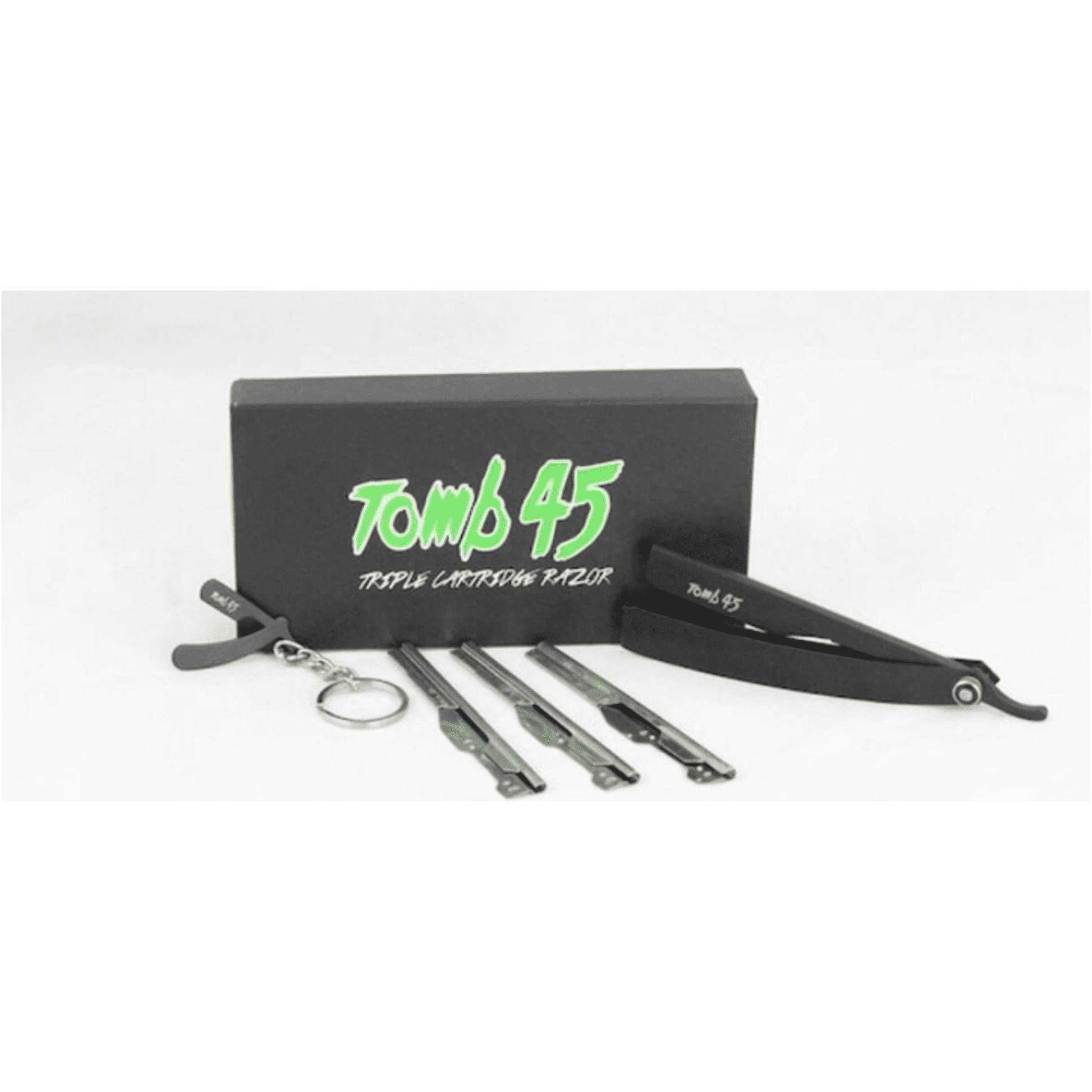 Black Tomb 45 Triple Cartridge Razor Handle by Pasteur Pharmacy, showcasing a sleek, ergonomic razor handle for a smooth shave.