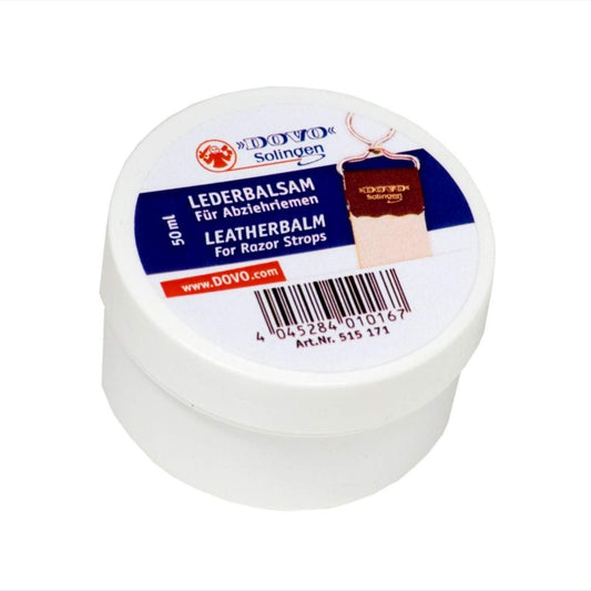 Dovo Leatherbalm Razor Strop Oil in a 50ml bottle, used for maintaining and conditioning razor strop leather.
