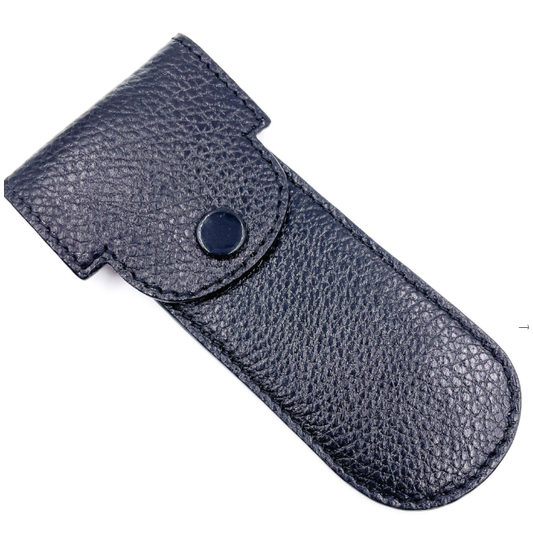 Parker LP1 leather safety razor travel case with secure snap closure, designed for storing and protecting a safety razor on the go.