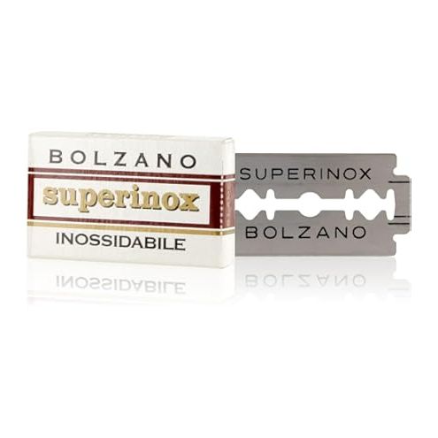 Bolzano Superinox double edge razor blades pack of 5 from Pasteur Pharmacy, showing sharp stainless steel blades for safe shaving.