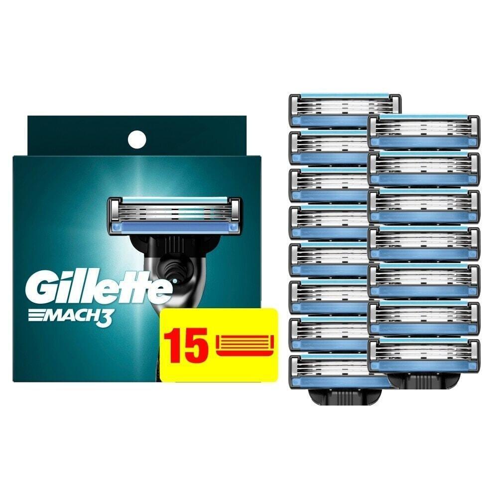 Gillette Mach3 men's razor blades, 15-count pack, featuring three-blade design and ergonomic handle for a close shave