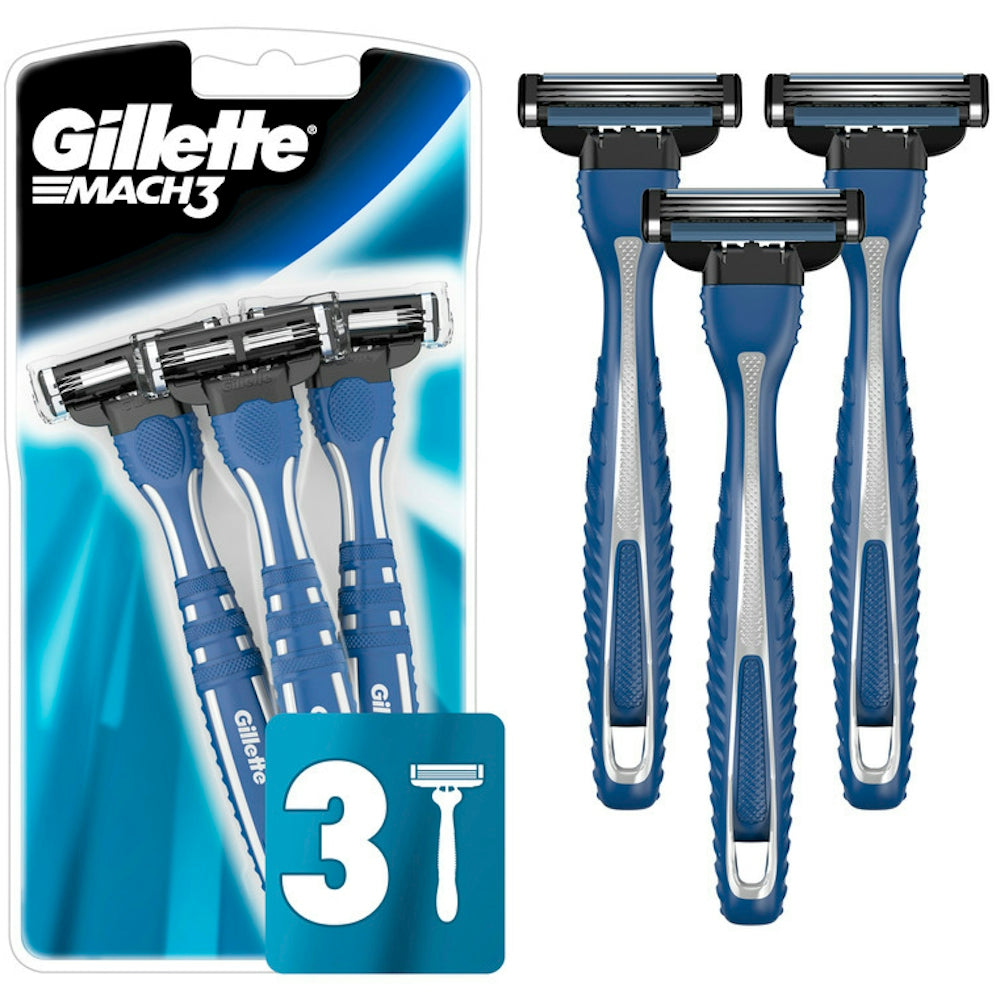 Gillette MACH3 Smooth Shave disposable razors pack with 3 blades, designed for a close, comfortable shave.