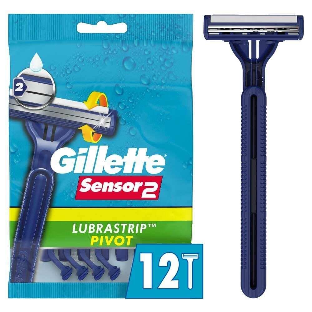 Gillette Sensor2 Plus disposable razors with pivot head, 12-pack, for smooth shaving, shown in a box with razor cartridges.