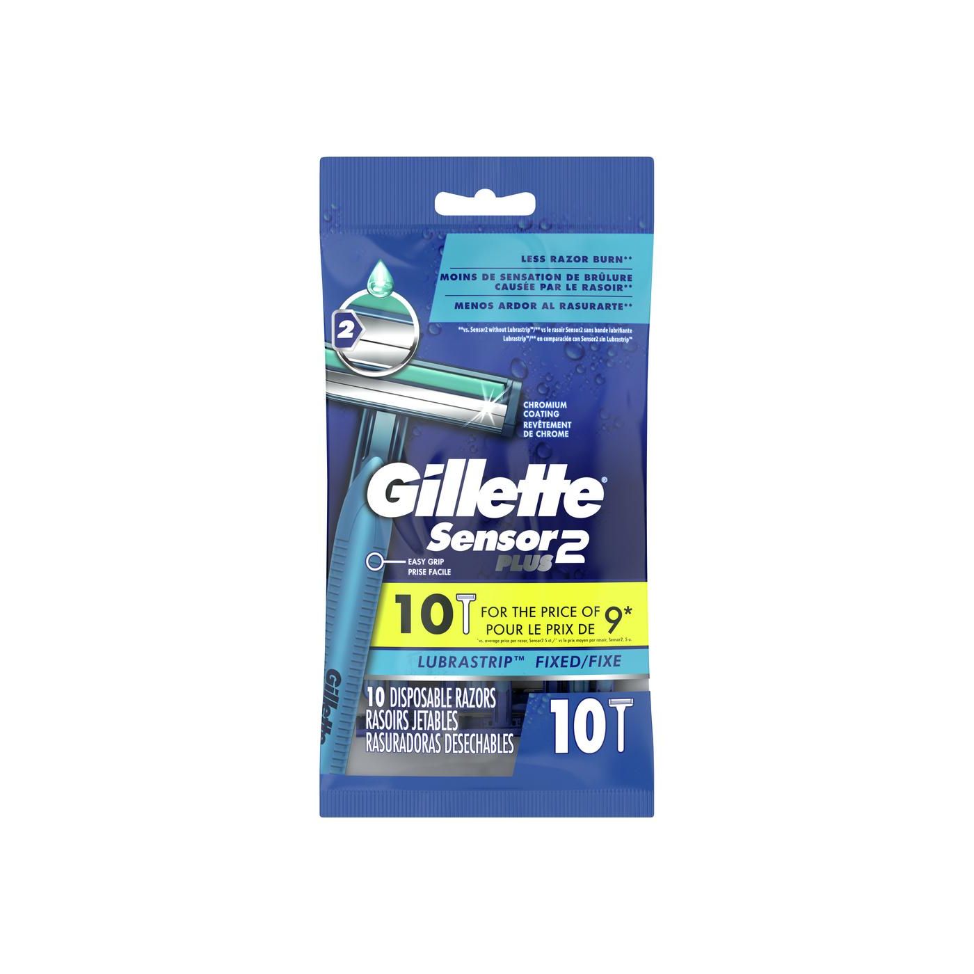 Gillette Sensor2 Plus men's disposable razors pack with 10 blades, featuring ergonomic handles and multiple blades for close shaving.
