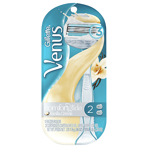 Gillette Venus Comfort Glide Vanilla Crème Razor with 2 cartridges, featuring a sleek handle and smooth shaving blades.