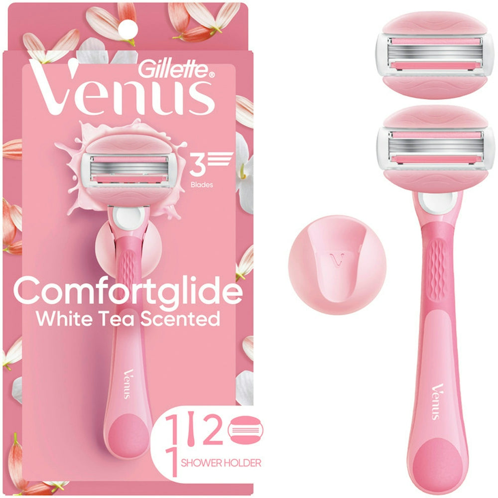 Gillette Venus ComfortGlide White Tea women's razor with one handle and two blade refills, designed for smooth shaving.