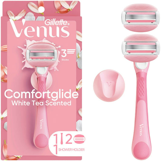 Gillette Venus ComfortGlide White Tea women's razor with one handle and two blade refills, designed for smooth shaving.