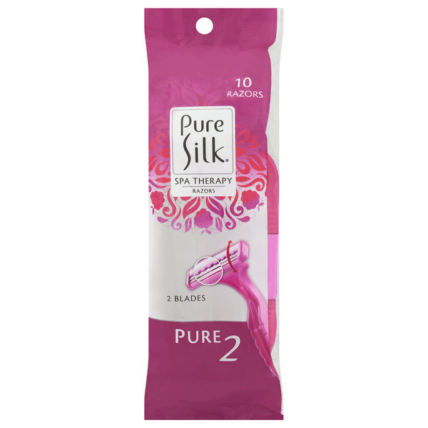 Pure Silk disposable razors with two blades, black handle, and protective cover, designed for smooth shaving.