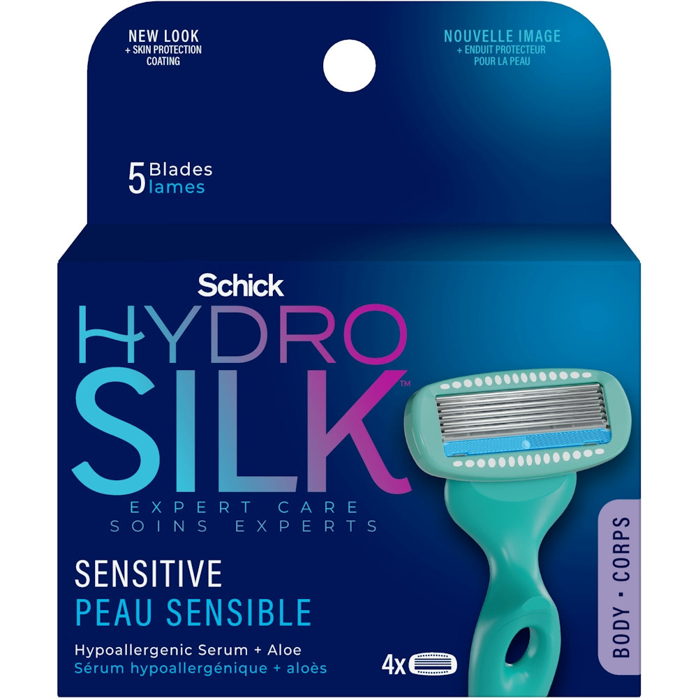 Schick Hydro Silk 5 blades sensitive razor blades, 4-pack, designed for smooth, gentle shaving for sensitive skin.