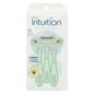 Schick Intuition Sensitive Care disposable razors with 4 blades, 3-pack, featuring a sleek handle for smooth shaving.