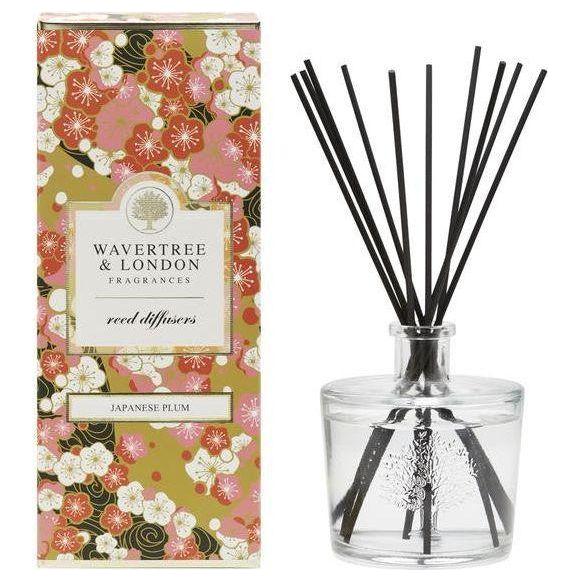 Wavertree & London Japanese Plum Reed Diffuser 250 ml with elegant glass bottle and reed sticks for home fragrance.