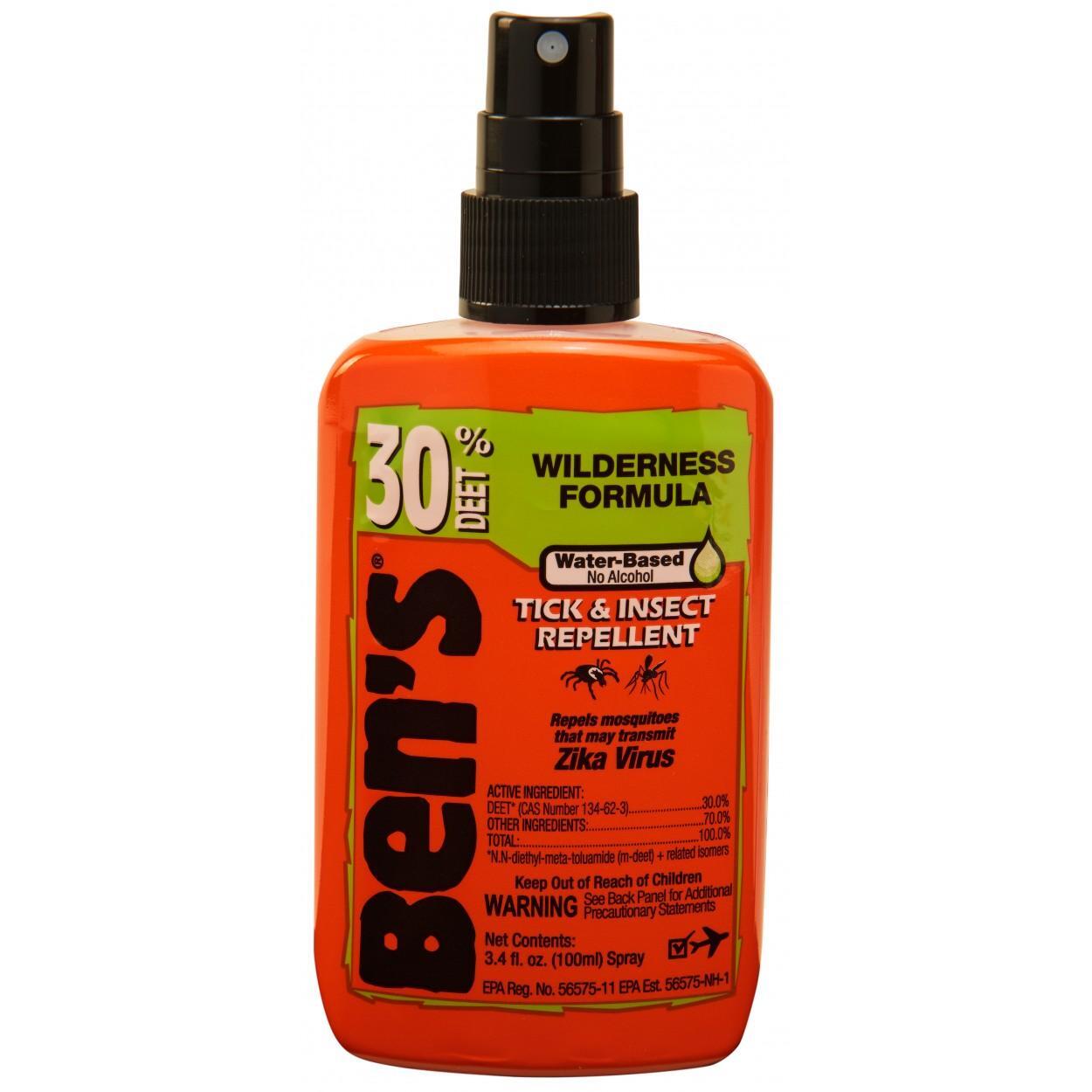 Ben's 30% Deet insect repellent pump spray bottle, 3.4 oz, from Pasteur Pharmacy, shown with label and spray nozzle.
