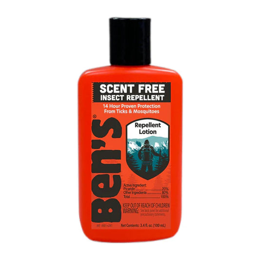 Ben's 30% DEET tick and insect repellent lotion bottle, 3.4 oz, with label showing active ingredients and brand name.
