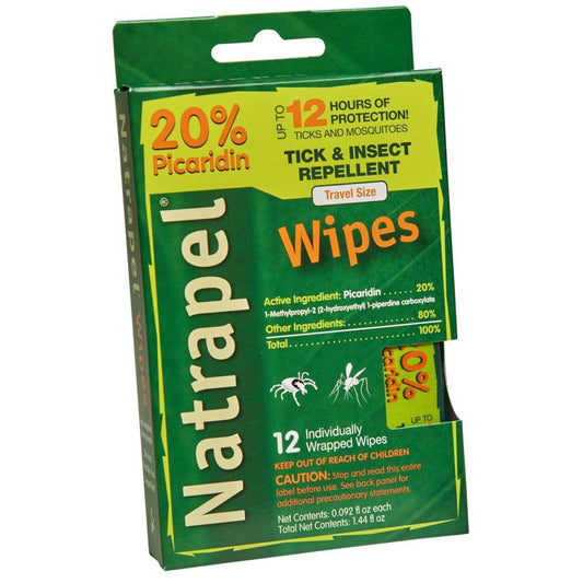 Natrapel 8-Hour insect repellent wipes by Pasteur Pharmacy, DEET-free and gear safe, 12-count package shown.