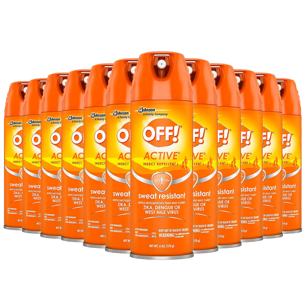 Off! Active insect repellent spray in 6 oz bottle, sweat-resistant formula, designed to repel insects effectively.