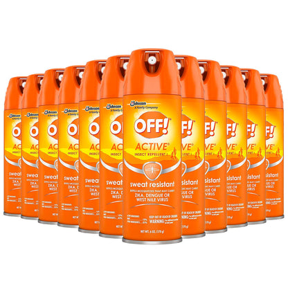 Off! Active insect repellent spray in 6 oz bottle, sweat-resistant formula, designed to repel insects effectively.