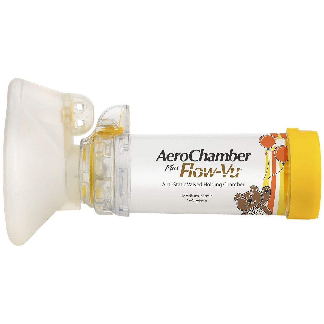 AeroChamber Plus Flow-Vu inhalation chamber with medium mask for respiratory therapy, used by Pasteur Pharmacy.