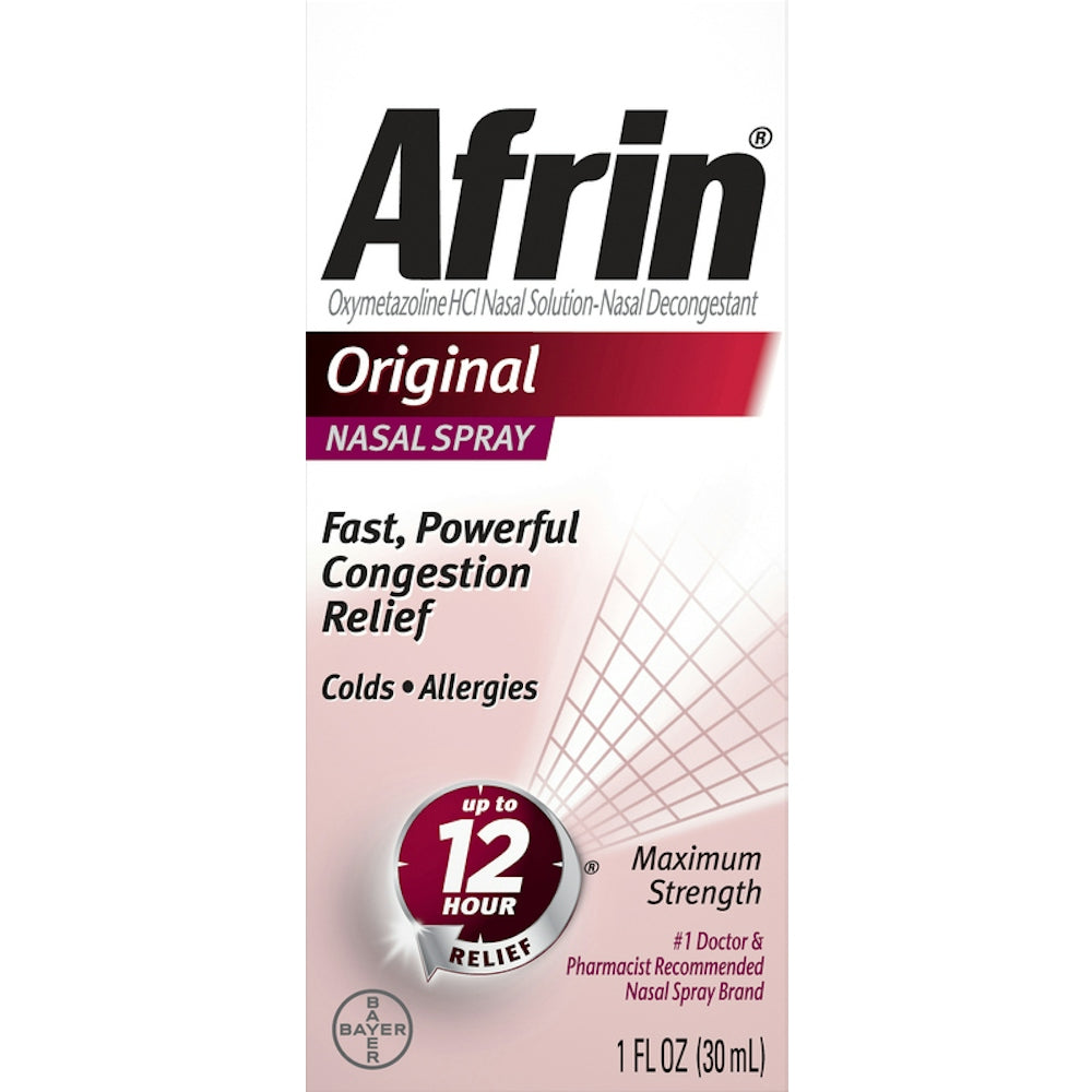Afrin Original Maximum Strength Nasal Spray bottle, respiratory care product, 1 fl oz, designed to relieve nasal congestion.