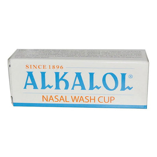 Alkalol Nasal Wash Cup by Pasteur Pharmacy, original glass mucus solvent applicator for nasal irrigation, shown in clear view.