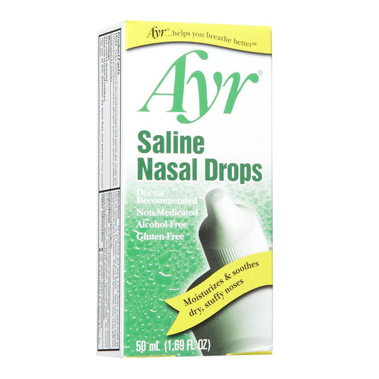 Ayr Saline Nasal Drops by Pasteur Pharmacy in a 50 mL bottle for dry nose relief, shown with dropper cap and clear label.