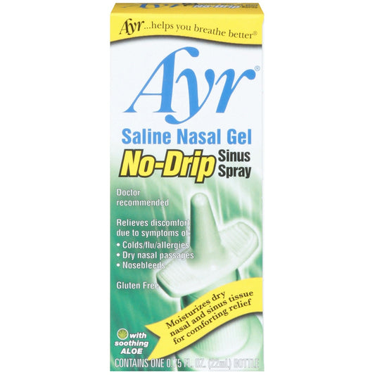 Ayr Sinus Spray No Drip and Saline Nasal Gel in 0.75 fl oz bottle, respiratory care product by Pasteur Pharmacy.