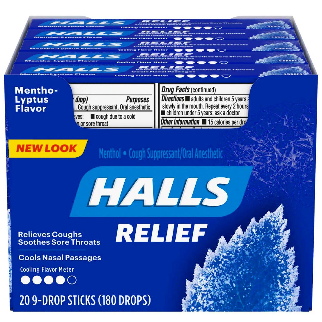 Halls Menthol Cough Drops in a 20 count package, respiratory care product with soothing menthol flavor, by Pasteur Pharmacy.