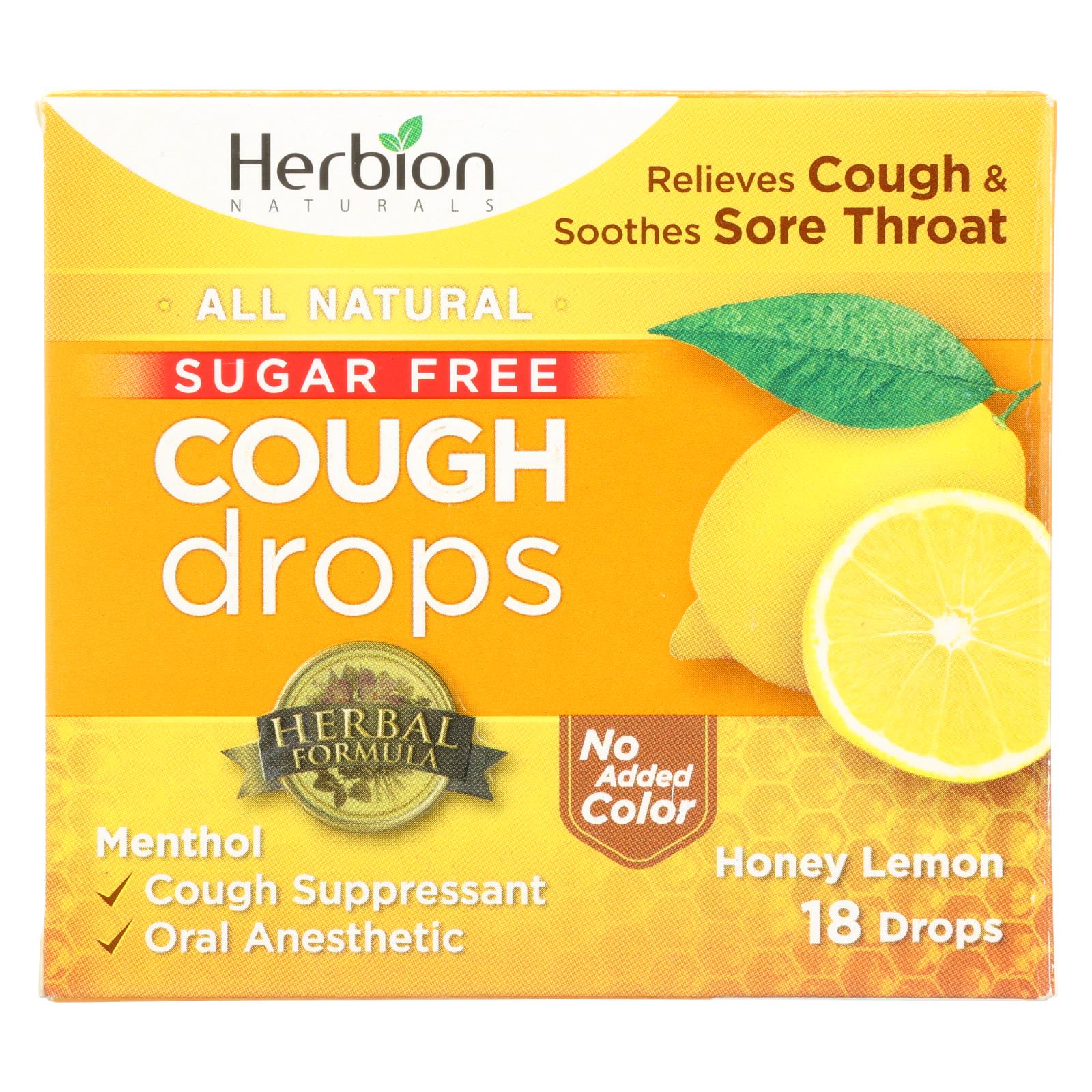 Herbion Naturals sugar-free honey lemon cough drops in a package of 18, respiratory care by Pasteur Pharmacy.