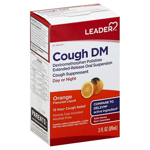 Leader 12 Hour Cough DM Relief orange-flavored respiratory care syrup in a 3 fl oz bottle with Dextromethorphan.