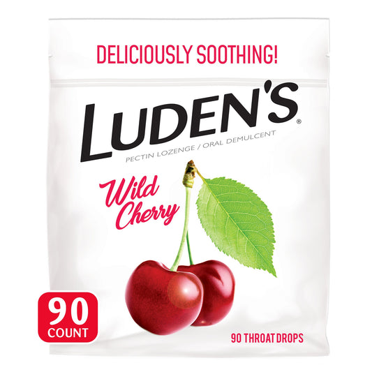 Luden's Wild Cherry Throat Drops in a 90-count package, soothing respiratory care with 2.8 mg pectin for relief.