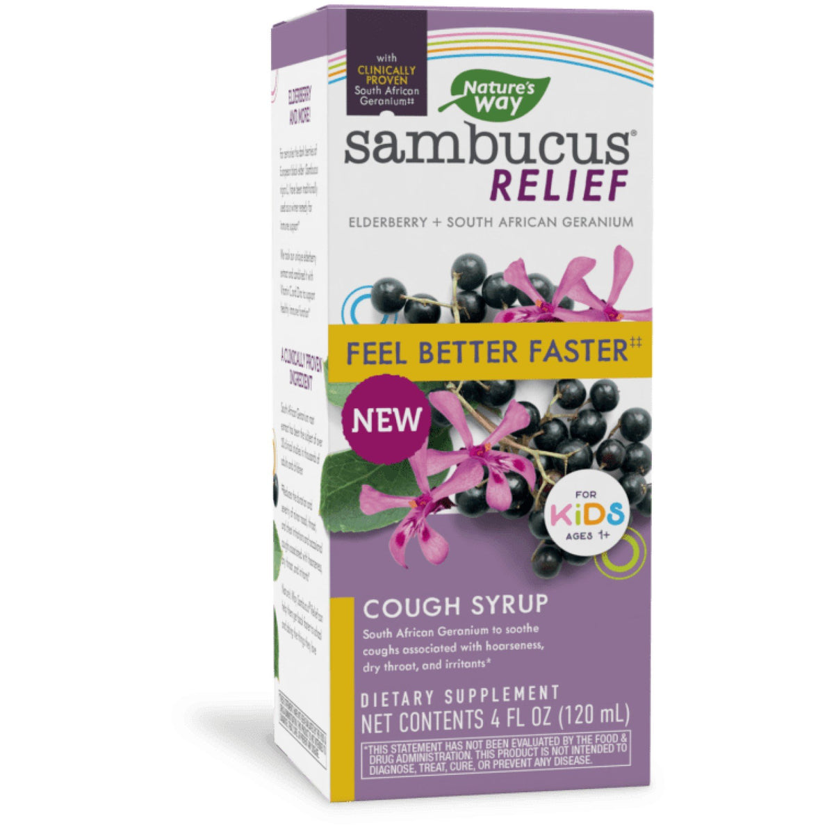 Nature's Way Kids Cough Relief and Immune Syrup with Sambucus in a 4 fl oz bottle, respiratory care product for children.