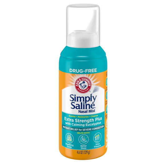 Simply Saline Extra Strength Plus Eucalyptus nasal mist by Pasteur Pharmacy, 4.6 oz, with spray bottle for severe congestion relief.